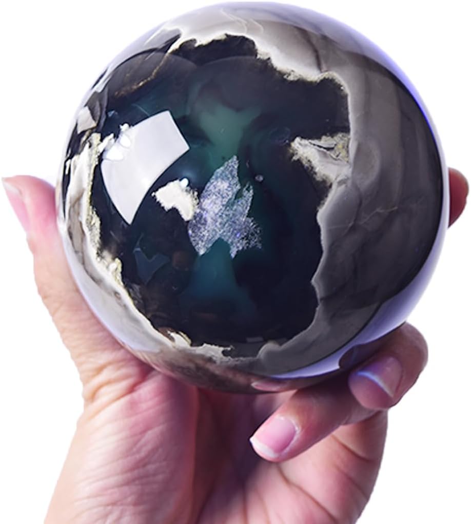 JIC Gem Volcanic Agate Crystal Sphere Large Quartz Crystal Ball with Stand Healing Ornament Witchcraft Meditation Decor 3.5-4 inch(90-100mm)