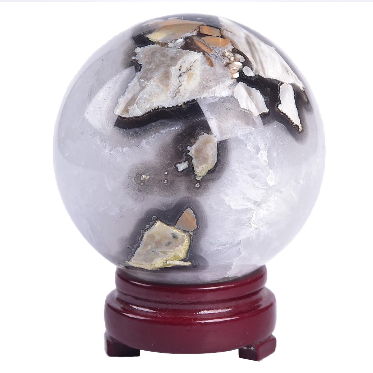 JIC Gem Volcanic Agate Crystal Sphere Large Quartz Crystal Ball with Stand Healing Ornament Witchcraft Meditation Decor 3.5-4 inch(90-100mm)