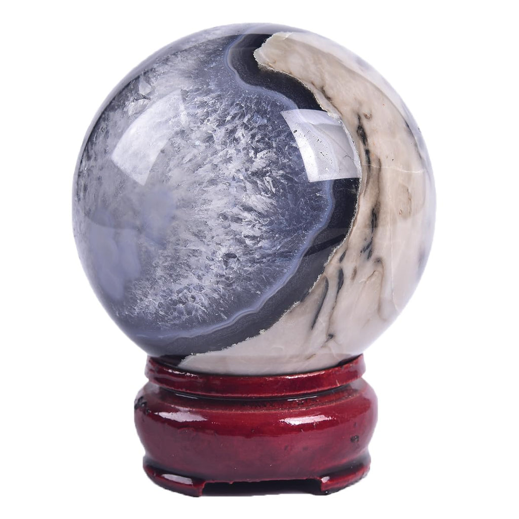 JIC Gem Volcanic Agate Crystal Sphere Large Quartz Crystal Ball with Stand Healing Ornament Witchcraft Meditation Decor 3.5-4 inch(90-100mm)