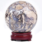 JIC Gem Volcanic Agate Crystal Sphere Large Quartz Crystal Ball with Stand Healing Ornament Witchcraft Meditation Decor 3.5-4 inch(90-100mm)