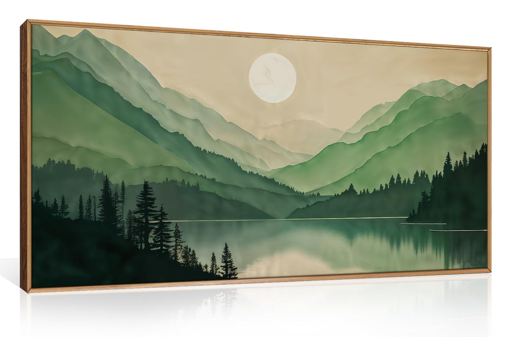 Set of 3 16"X24" Woodcut Mountain Pine Forest Sunrise Framed Canvas Wall Art Rustic Boho Wooden Print for Living Room Bedroom Office, Non-3D