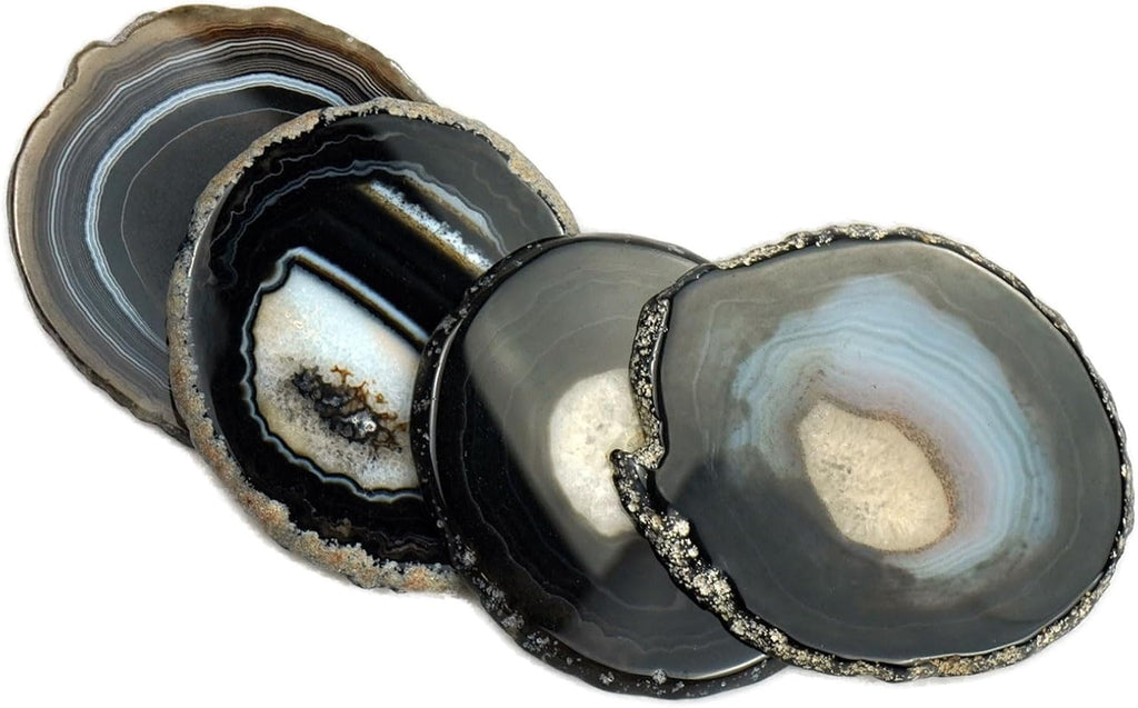 Natural Agate Slices Bulk Crystal Geode Coasters Set of 4 - Unique 4-5 Inch Cute Stone Drink Coasters with Rubber Bumpers - Natural Slices Geode for Home Decor, Coffee Table, Bar Accessories