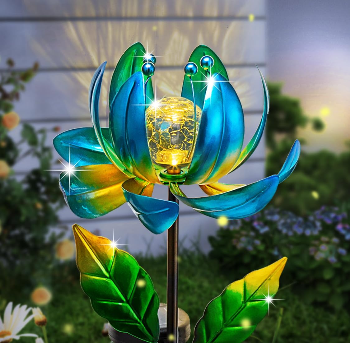 Solar Wind Spinner Metal Lotus Flower Garden Stake Lights LED Crackle Glass Globe Solar Yard Art for Patio Pathway Lawn Walkway Decor