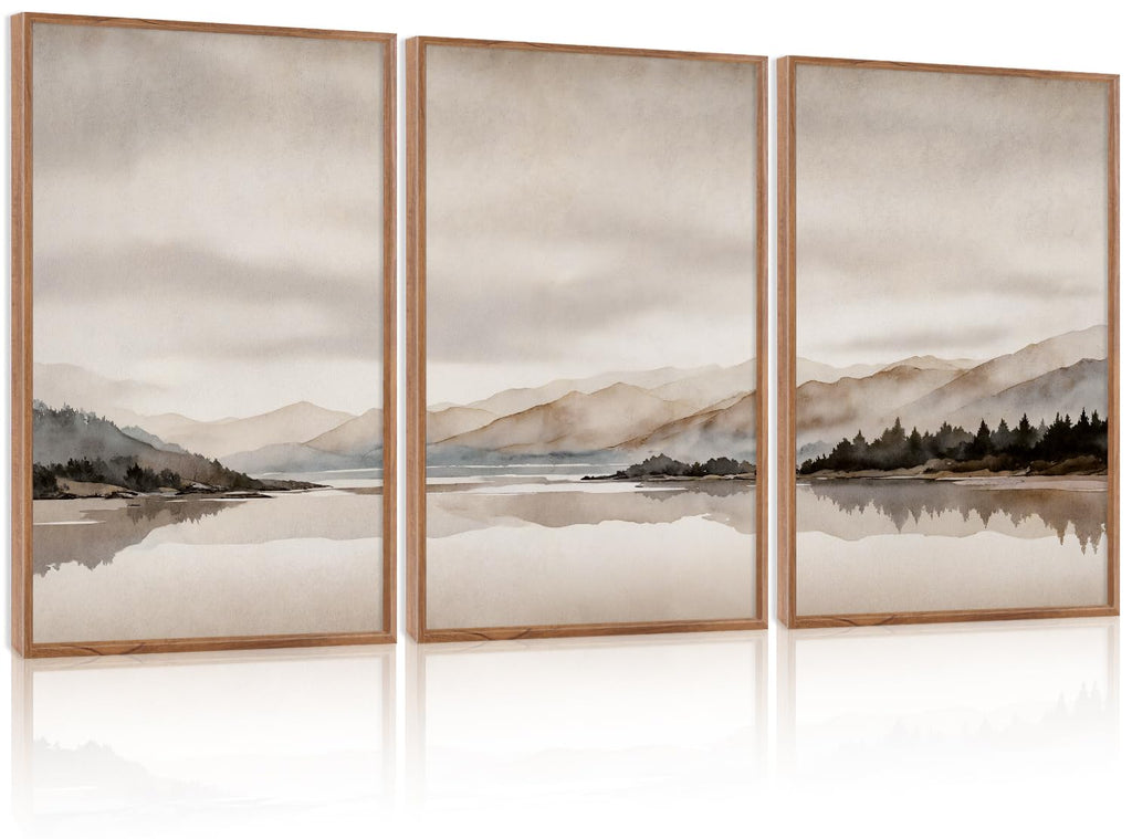 LHIUEM Vintage Woodcut Mountain Framed Canvas Wall Art,Forest Pine Tree Boho Wall Decor,Wilderness Sunset Landscape Artwork for Living Room,Bedroom,Dining Room,Office -16"x24"x3
