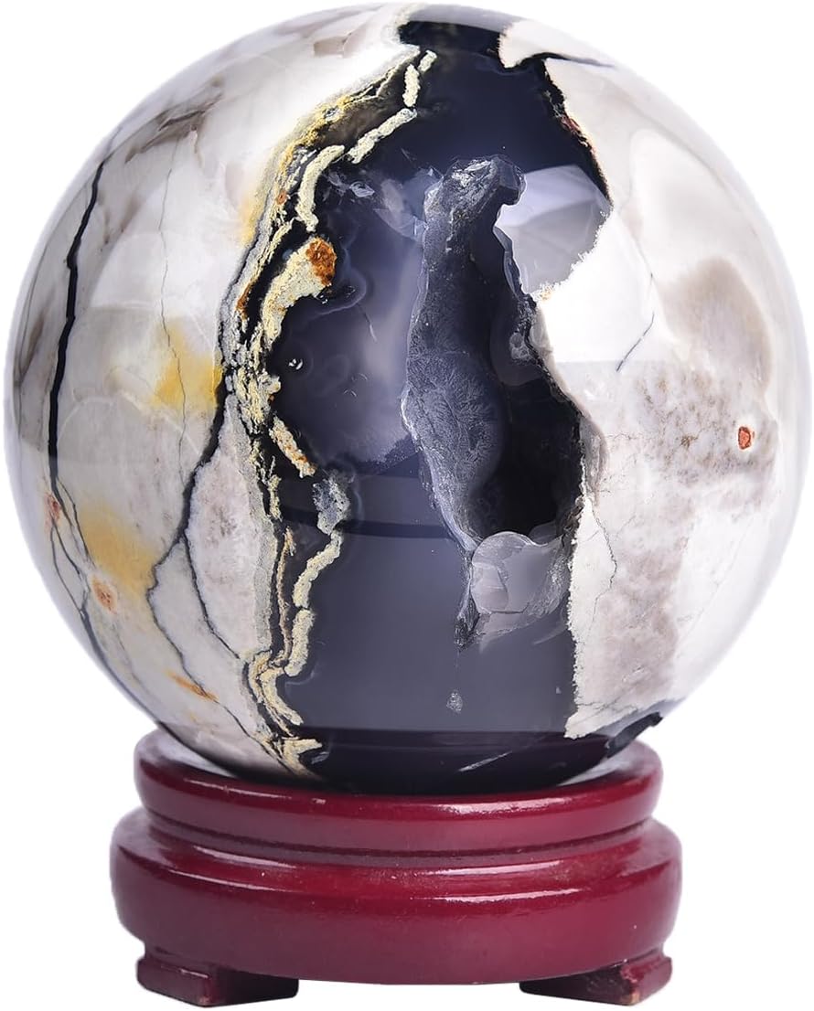 JIC Gem Volcanic Agate Crystal Sphere Large Quartz Crystal Ball with Stand Healing Ornament Witchcraft Meditation Decor 3.5-4 inch(90-100mm)