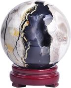 JIC Gem Volcanic Agate Crystal Sphere Large Quartz Crystal Ball with Stand Healing Ornament Witchcraft Meditation Decor 3.5-4 inch(90-100mm)