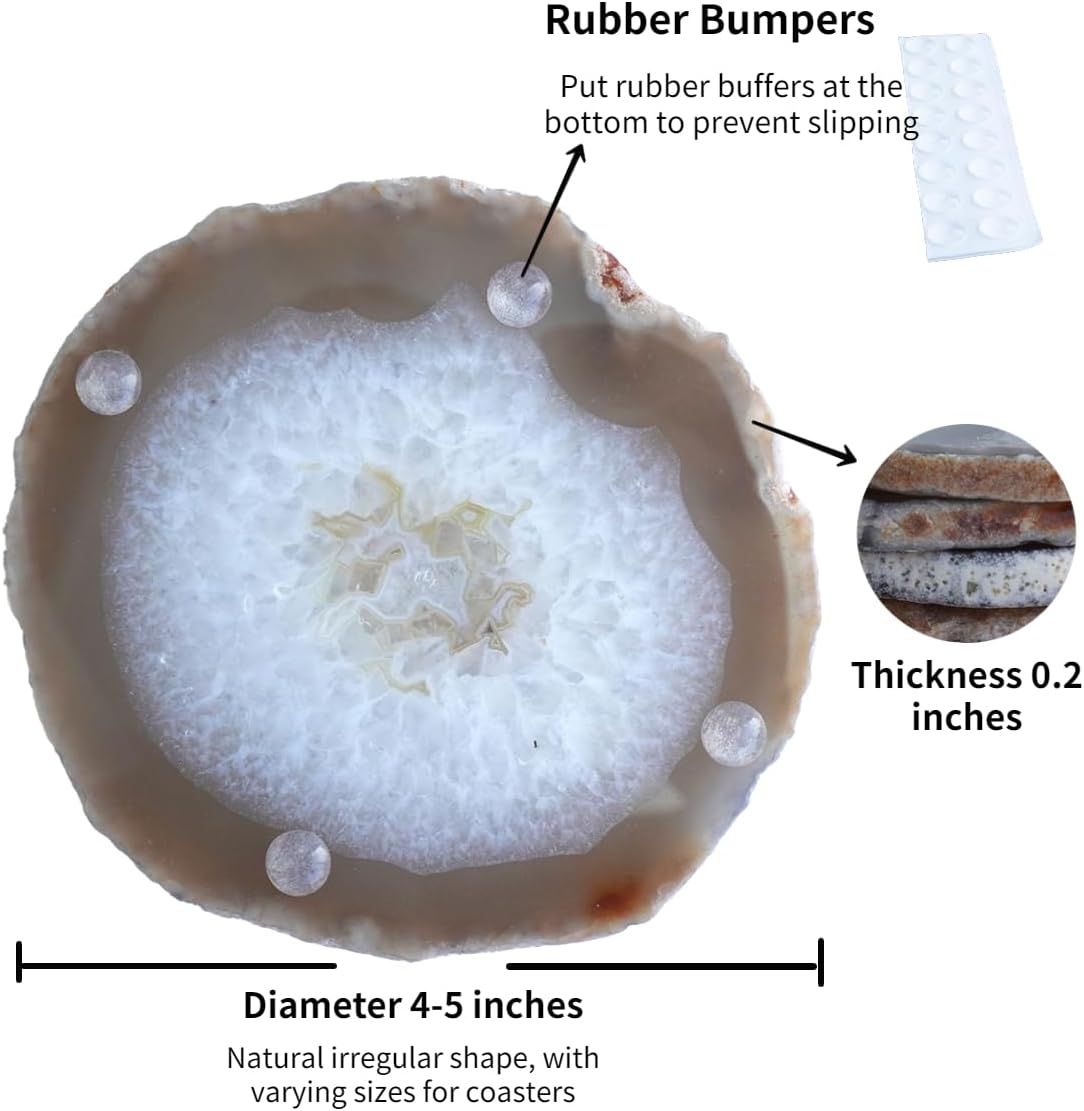 Natural Agate Slices Bulk Crystal Geode Coasters Set of 4 - Unique 4-5 Inch Cute Stone Drink Coasters with Rubber Bumpers - Natural Slices Geode for Home Decor, Coffee Table, Bar Accessories