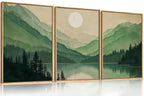 Set of 3 16"X24" Woodcut Mountain Pine Forest Sunrise Framed Canvas Wall Art Rustic Boho Wooden Print for Living Room Bedroom Office, Non-3D