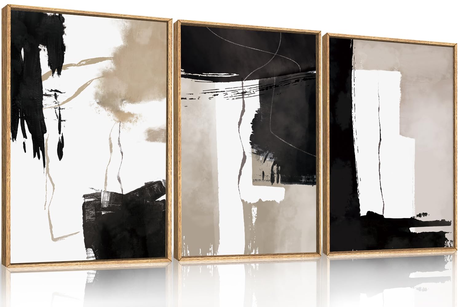 Set of 3 16"X24" Woodcut Mountain Pine Forest Sunrise Framed Canvas Wall Art Rustic Boho Wooden Print for Living Room Bedroom Office, Non-3D