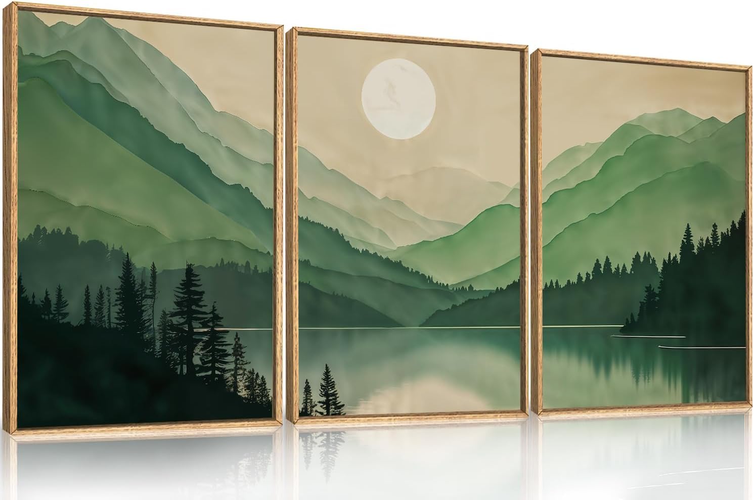 Set of 3 16"X24" Woodcut Mountain Pine Forest Sunrise Framed Canvas Wall Art Rustic Boho Wooden Print for Living Room Bedroom Office, Non-3D