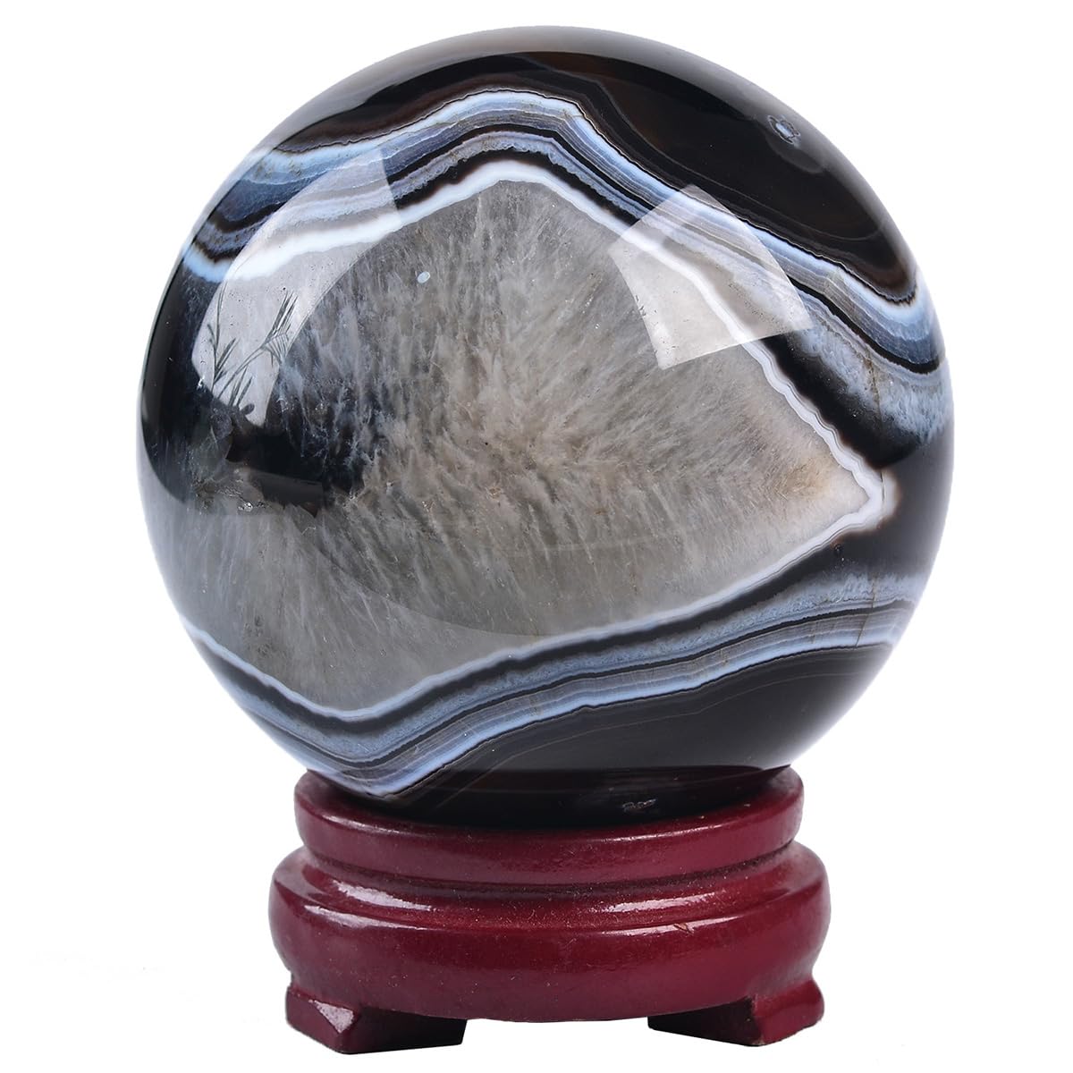 JIC Gem Volcanic Agate Crystal Sphere Large Quartz Crystal Ball with Stand Healing Ornament Witchcraft Meditation Decor 3.5-4 inch(90-100mm)