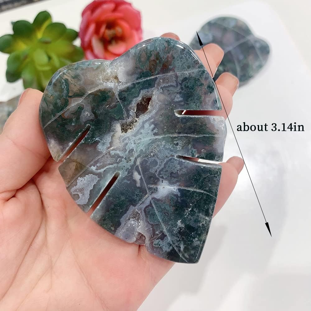 Runyangshi 1PCS Natural Moss Agate Crystal Leaves Sculpture Hand-Carved Large Aquatic Agate Leaf Healing Stone Figurines Healing Reiki Crystal Gemstone Collection Home Decor Desk Decor Gift