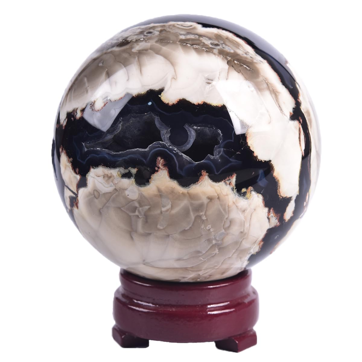 JIC Gem Volcanic Agate Crystal Sphere Large Quartz Crystal Ball with Stand Healing Ornament Witchcraft Meditation Decor 3.5-4 inch(90-100mm)
