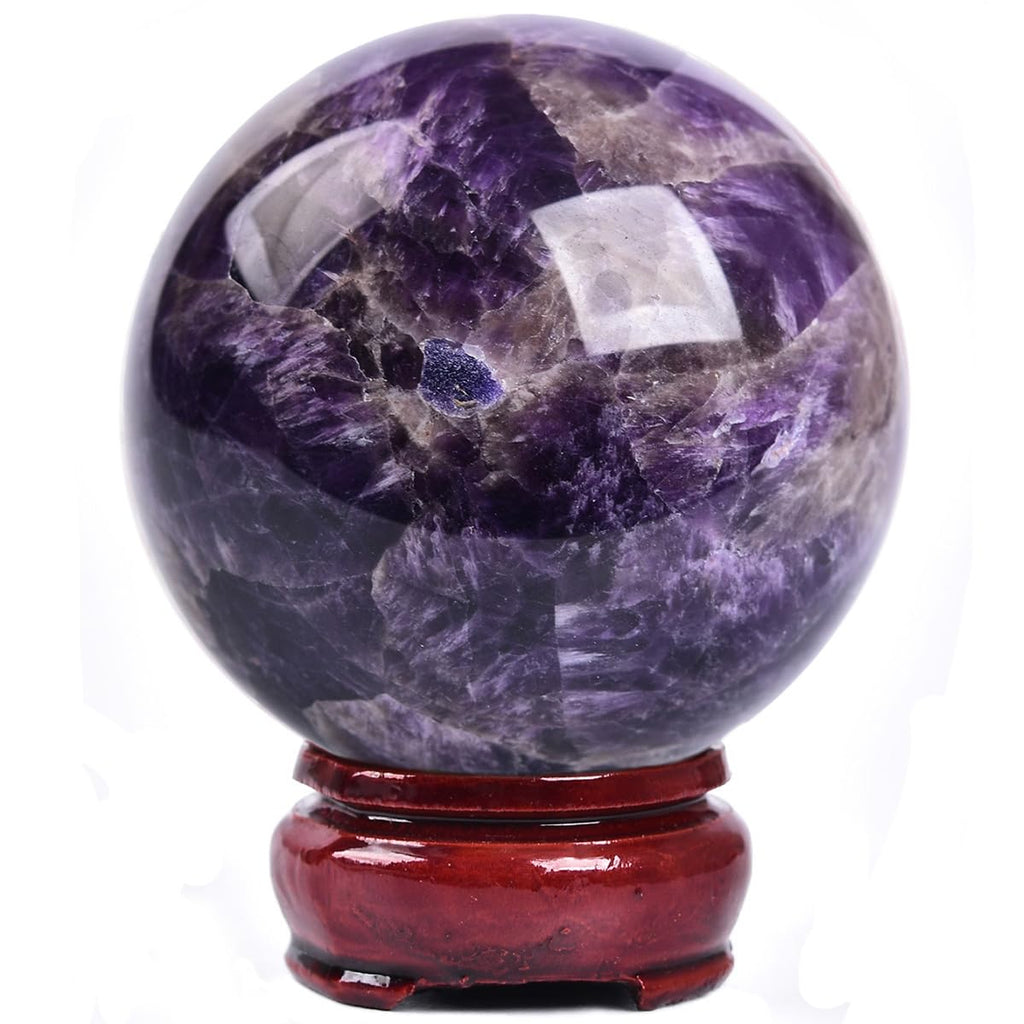 JIC Gem Volcanic Agate Crystal Sphere Large Quartz Crystal Ball with Stand Healing Ornament Witchcraft Meditation Decor 3.5-4 inch(90-100mm)