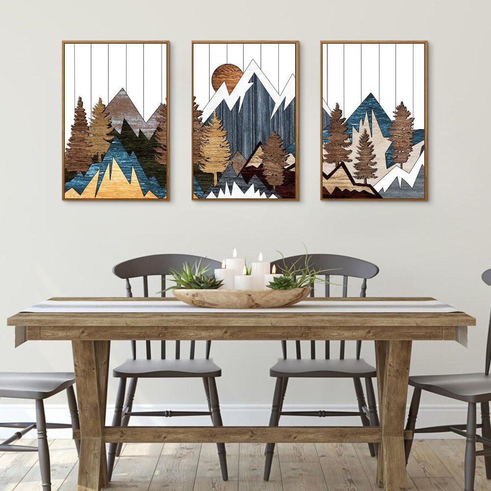 CHDITB Mountain Framed Canvas Wall Art Set of 3, 24"x36" Country Woodcut Style Wall Decor, Forest Nature Wilderness Wall Painting, Large Modern Art Prints for Living Room, Bedroom, Farmhouse, Office
