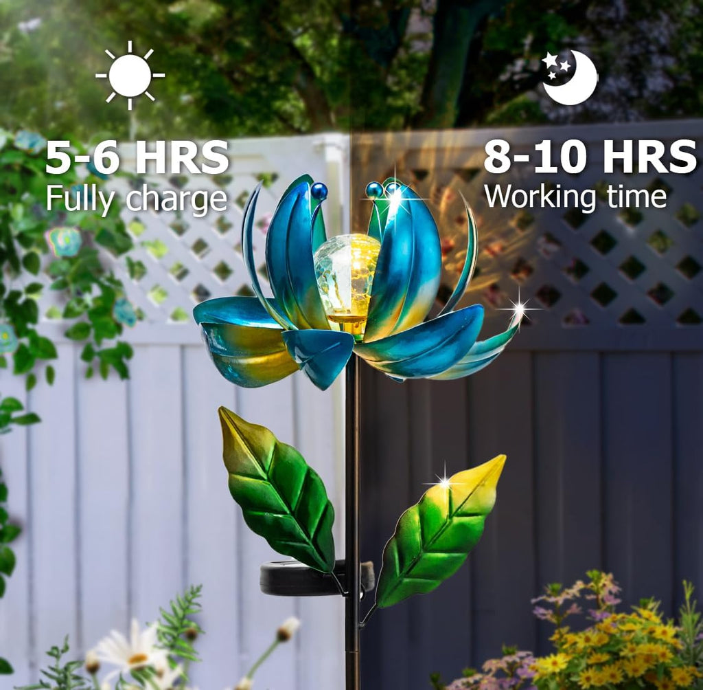 Solar Wind Spinner Metal Lotus Flower Garden Stake Lights LED Crackle Glass Globe Solar Yard Art for Patio Pathway Lawn Walkway Decor