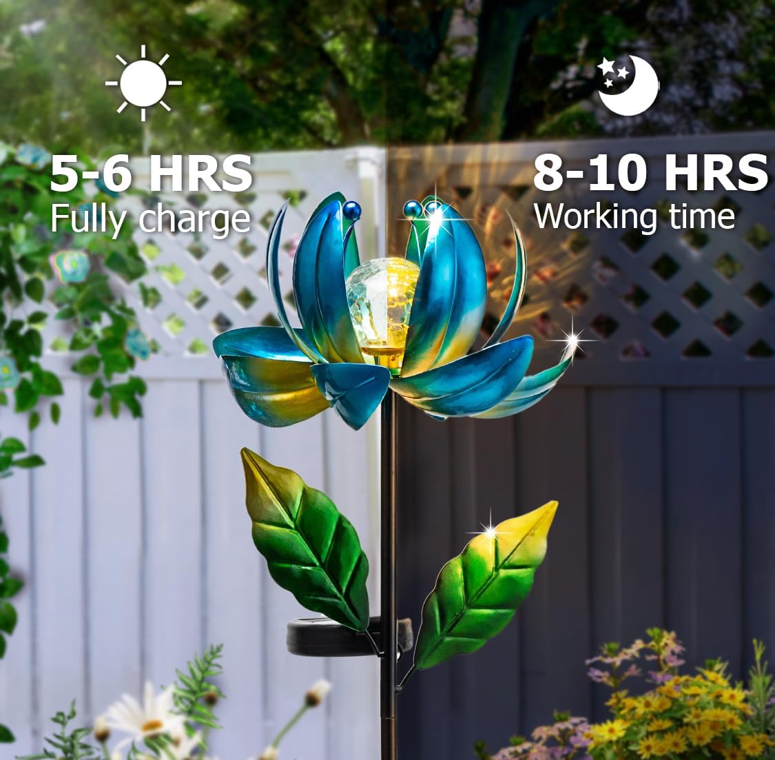 Solar Wind Spinner Metal Lotus Flower Garden Stake Lights LED Crackle Glass Globe Solar Yard Art for Patio Pathway Lawn Walkway Decor