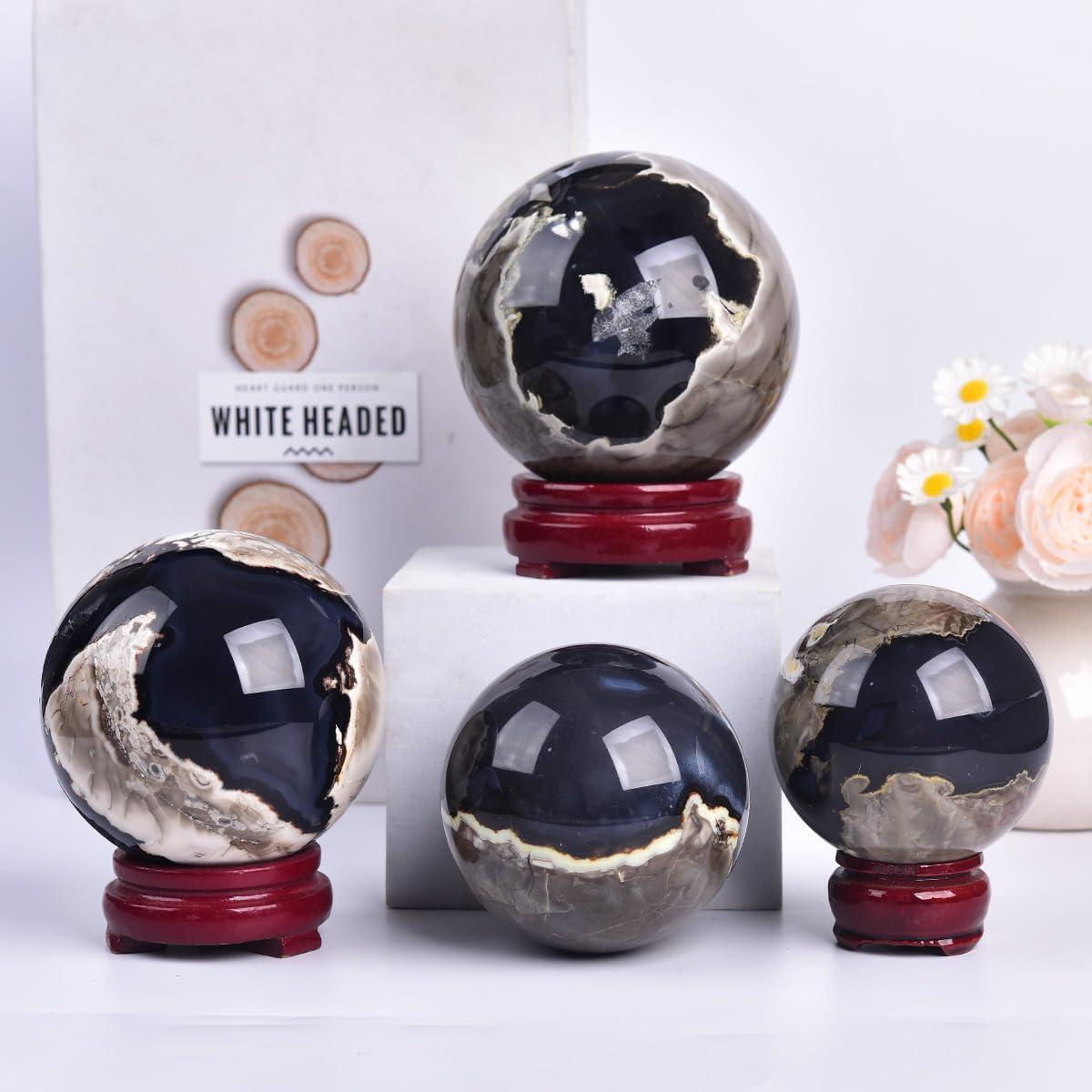 JIC Gem Volcanic Agate Crystal Sphere Large Quartz Crystal Ball with Stand Healing Ornament Witchcraft Meditation Decor 3.5-4 inch(90-100mm)