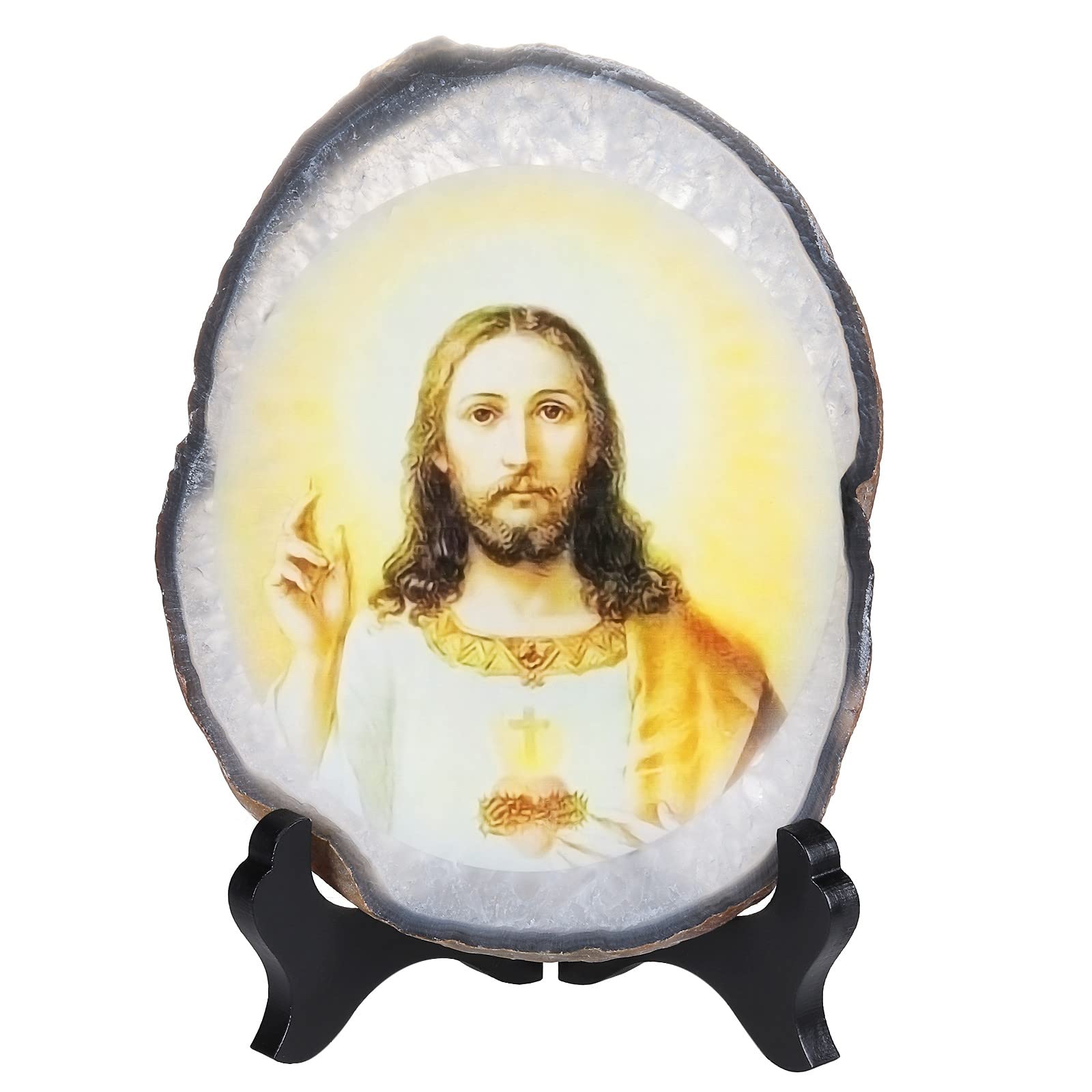 SUNYIK Natural Geode Agate Slice Display with Wooden Stand, Irregular Agate Slab Tabletop Desktop for Office Home Decor, Landscape-4