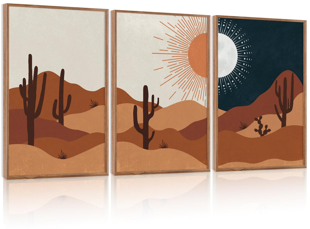 LHIUEM Vintage Woodcut Mountain Framed Canvas Wall Art,Forest Pine Tree Boho Wall Decor,Wilderness Sunset Landscape Artwork for Living Room,Bedroom,Dining Room,Office -16"x24"x3