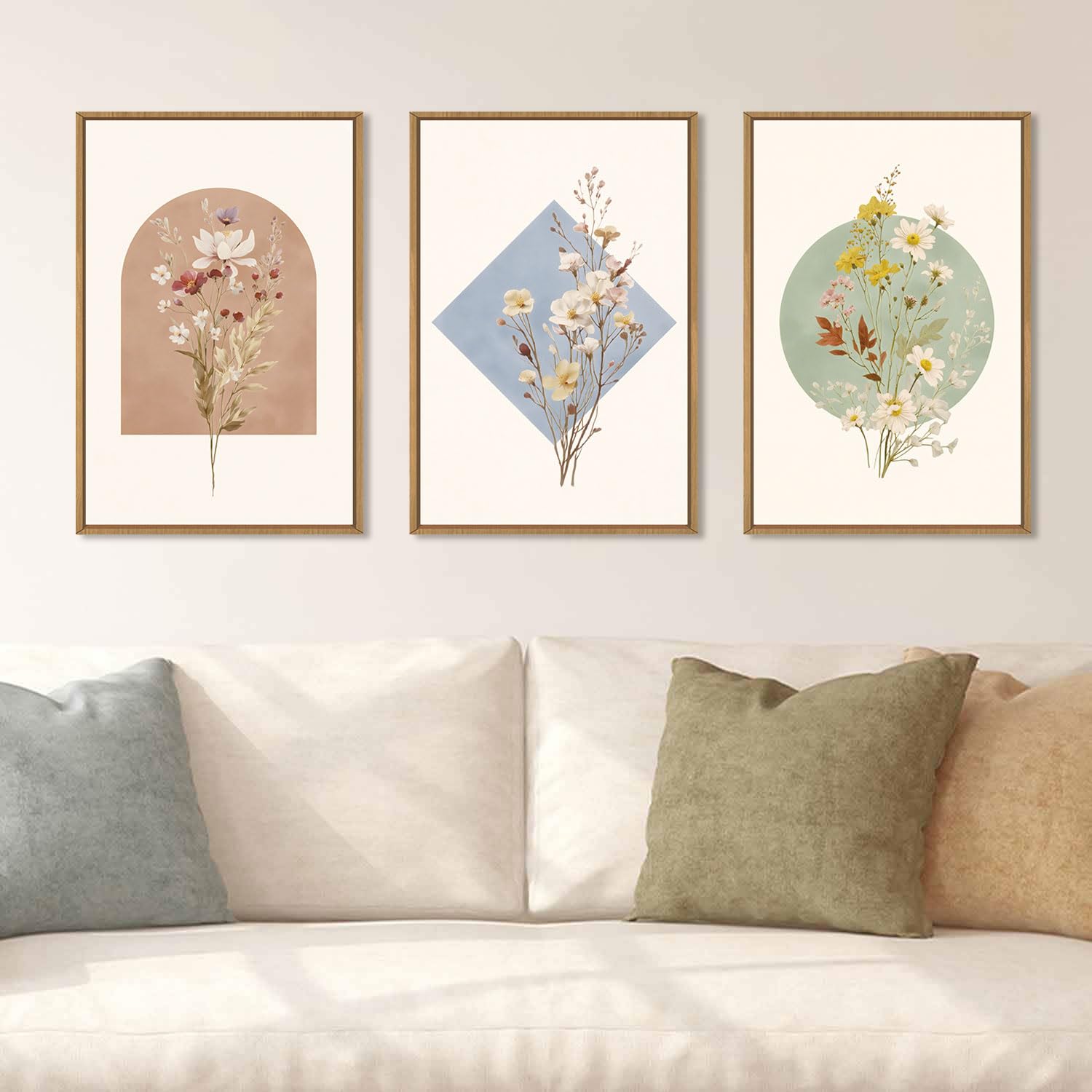 Set of 3 16"X24" Woodcut Mountain Pine Forest Sunrise Framed Canvas Wall Art Rustic Boho Wooden Print for Living Room Bedroom Office, Non-3D