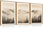 Set of 3 16"X24" Woodcut Mountain Pine Forest Sunrise Framed Canvas Wall Art Rustic Boho Wooden Print for Living Room Bedroom Office, Non-3D