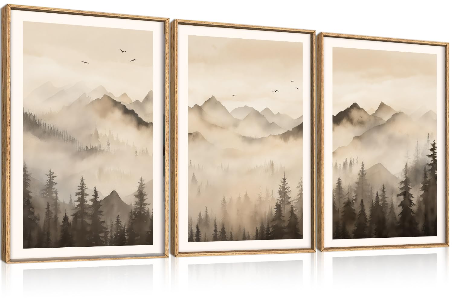 Set of 3 16"X24" Woodcut Mountain Pine Forest Sunrise Framed Canvas Wall Art Rustic Boho Wooden Print for Living Room Bedroom Office, Non-3D