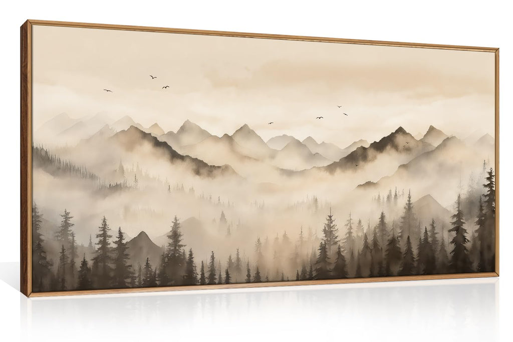Set of 3 16"X24" Woodcut Mountain Pine Forest Sunrise Framed Canvas Wall Art Rustic Boho Wooden Print for Living Room Bedroom Office, Non-3D
