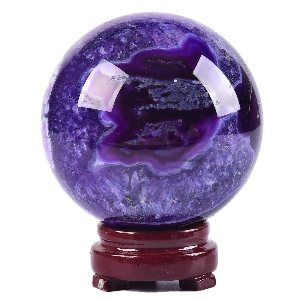 JIC Gem Volcanic Agate Crystal Sphere Large Quartz Crystal Ball with Stand Healing Ornament Witchcraft Meditation Decor 3.5-4 inch(90-100mm)