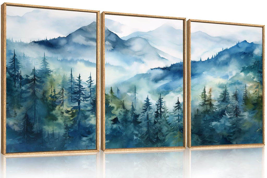 Set of 3 16"X24" Woodcut Mountain Pine Forest Sunrise Framed Canvas Wall Art Rustic Boho Wooden Print for Living Room Bedroom Office, Non-3D