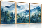 Set of 3 16"X24" Woodcut Mountain Pine Forest Sunrise Framed Canvas Wall Art Rustic Boho Wooden Print for Living Room Bedroom Office, Non-3D