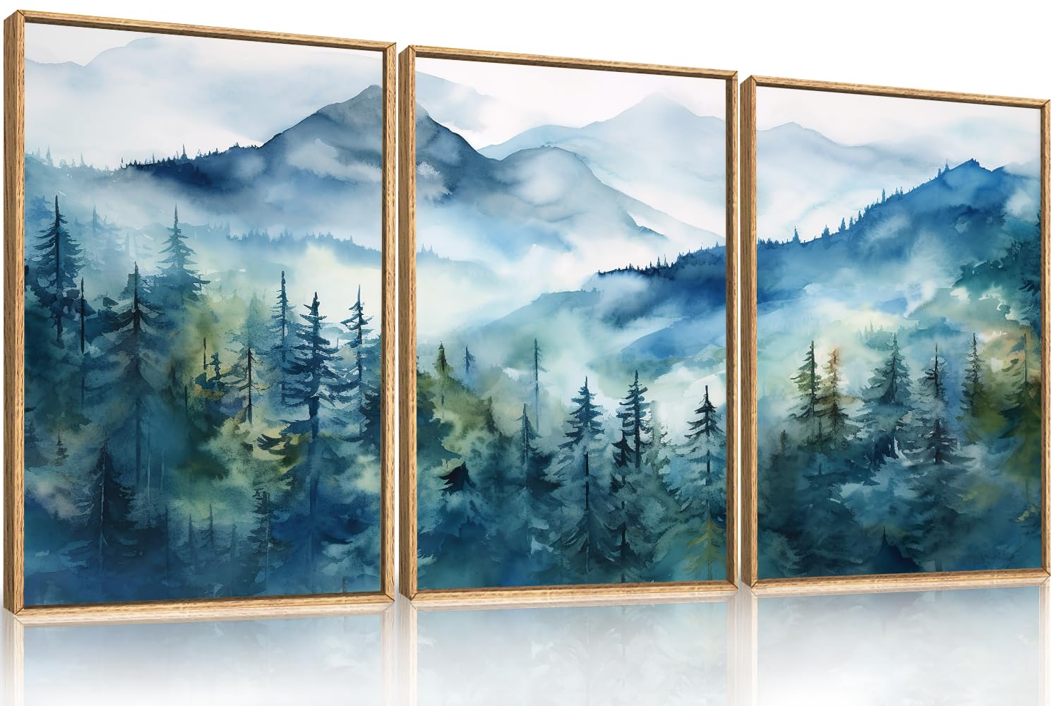 Set of 3 16"X24" Woodcut Mountain Pine Forest Sunrise Framed Canvas Wall Art Rustic Boho Wooden Print for Living Room Bedroom Office, Non-3D