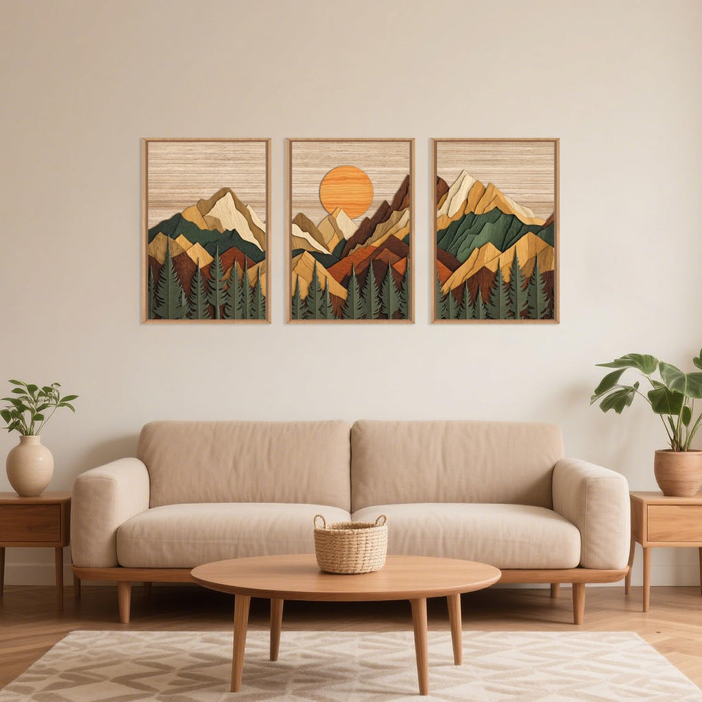 Set of 3 16"X24" Woodcut Mountain Pine Forest Sunrise Framed Canvas Wall Art Rustic Boho Wooden Print for Living Room Bedroom Office, Non-3D