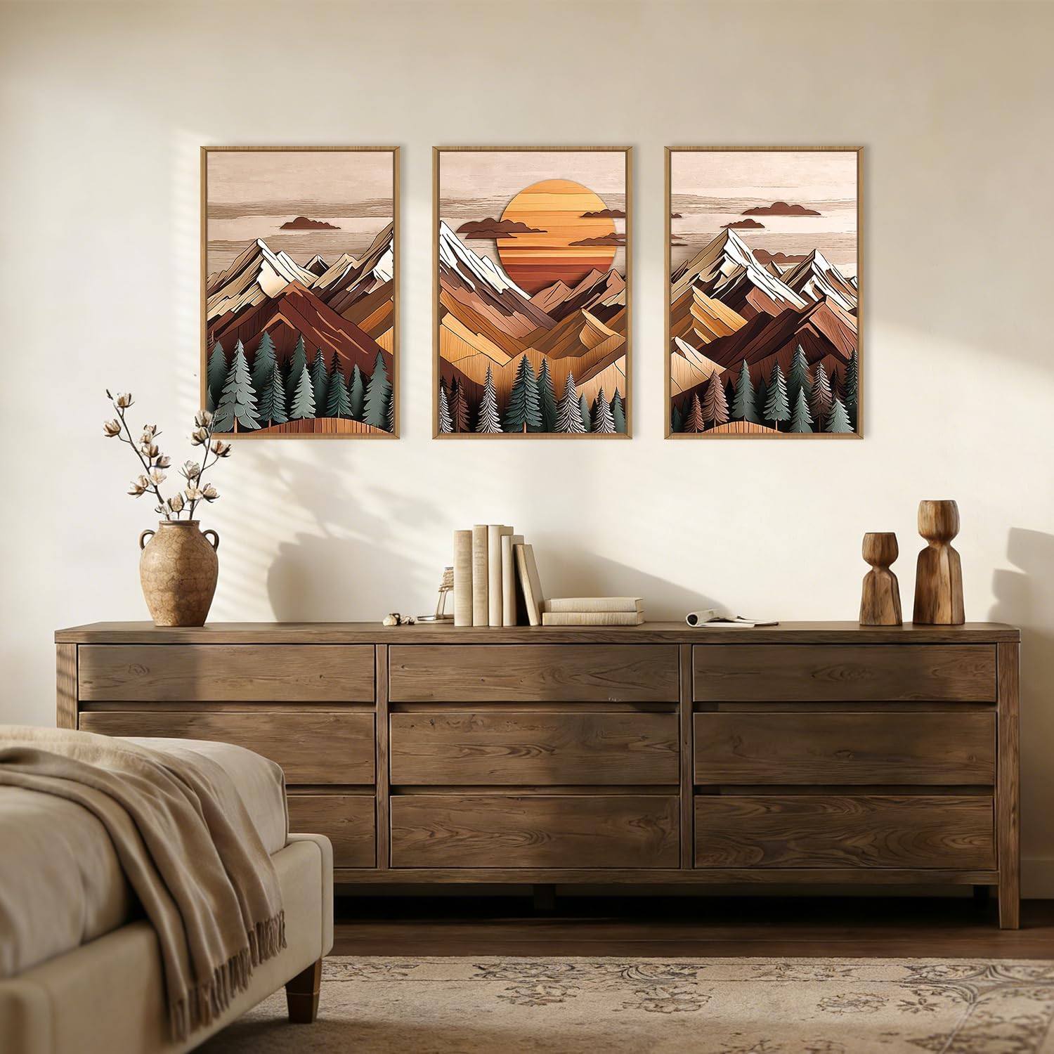 KAIRNE Woodcut Style Mountain Framed Canvas Wall Art Set,Wooden Pine Tree Wall Decor,Vintage Forest Landscape Art Prints,Nature Sunrise Artwork for Living Room,Bedroom,Farmhouse,Office-16 x24 x3