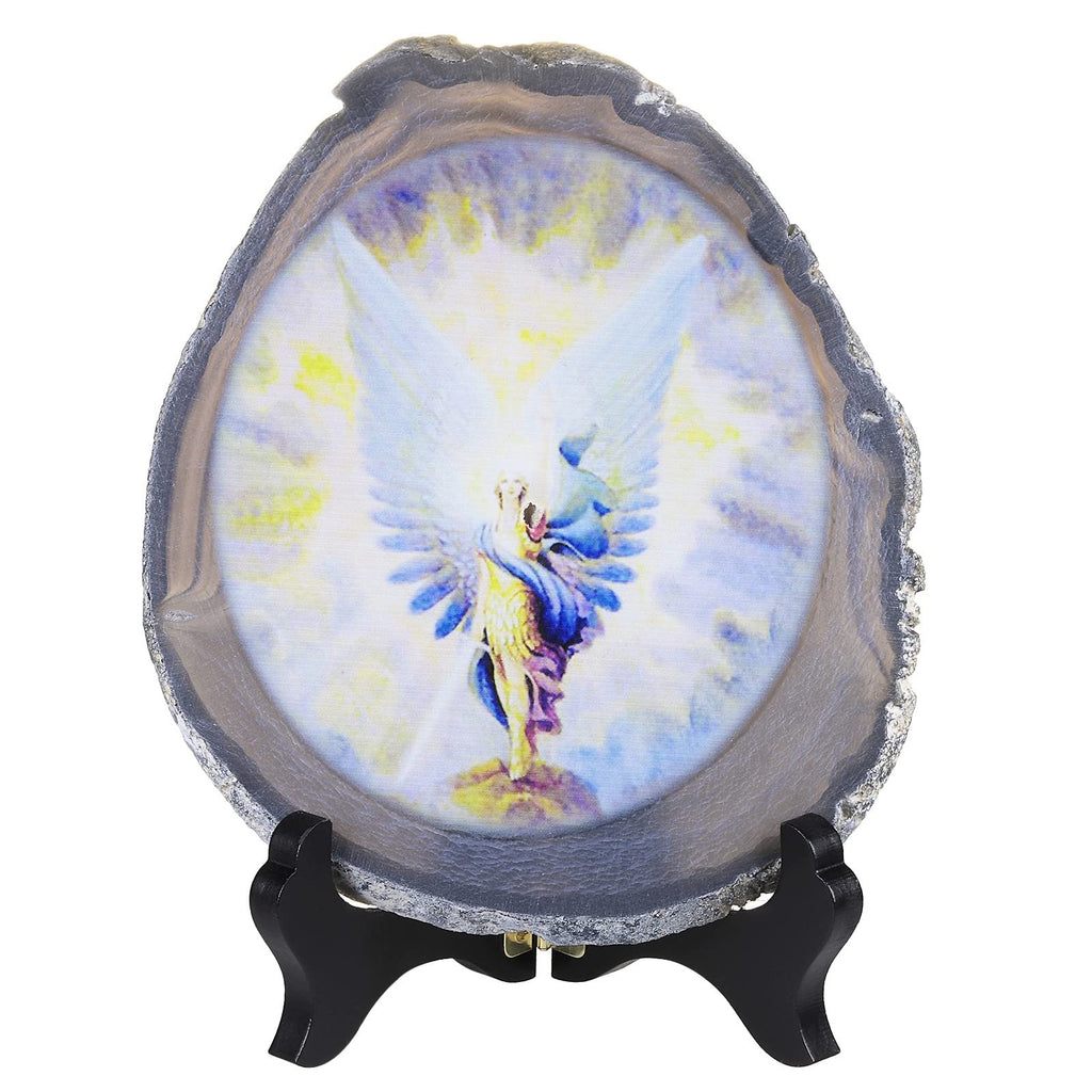 SUNYIK Natural Geode Agate Slice Display with Wooden Stand, Irregular Agate Slab Tabletop Desktop for Office Home Decor, Landscape-4