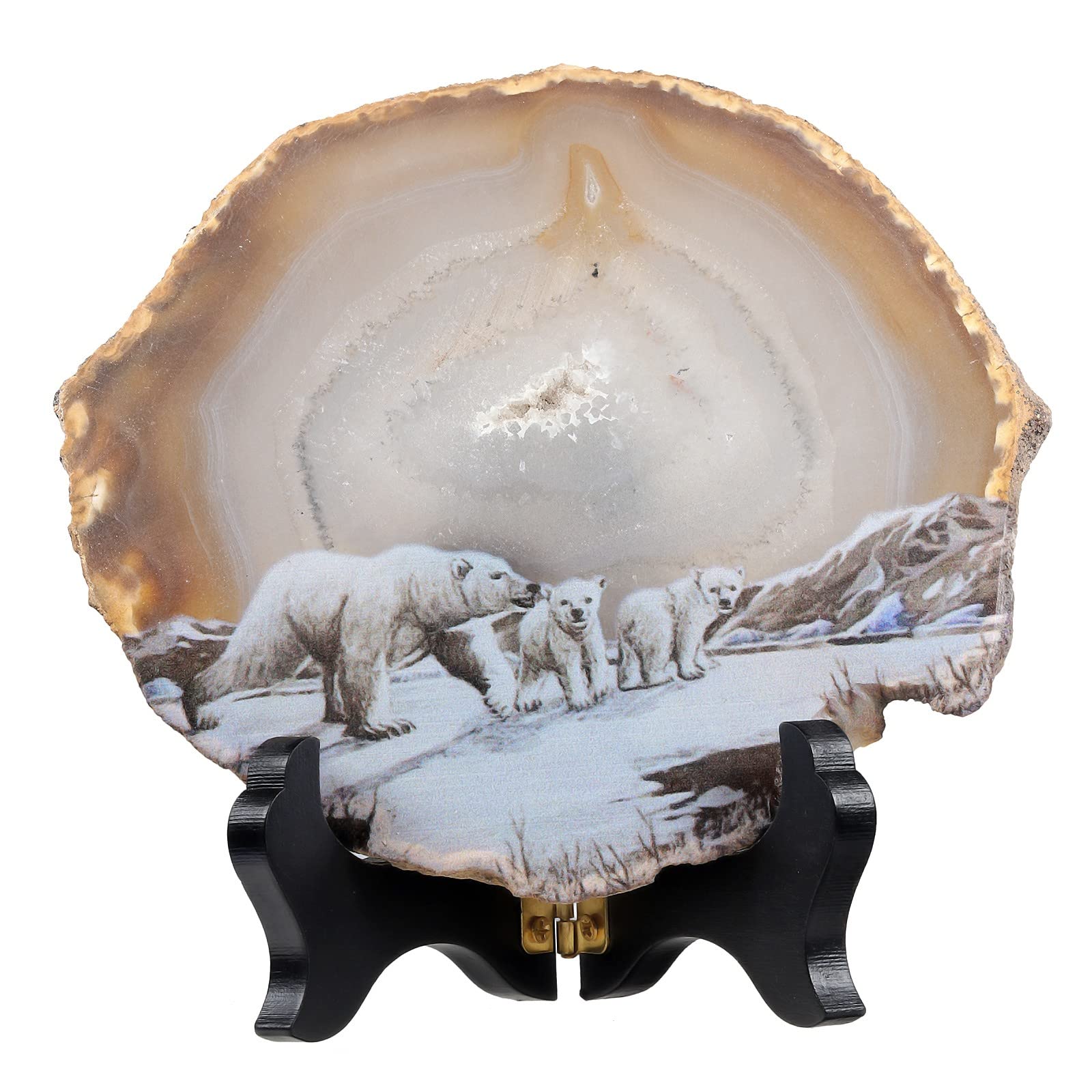 SUNYIK Natural Geode Agate Slice Display with Wooden Stand, Irregular Agate Slab Tabletop Desktop for Office Home Decor, Landscape-4