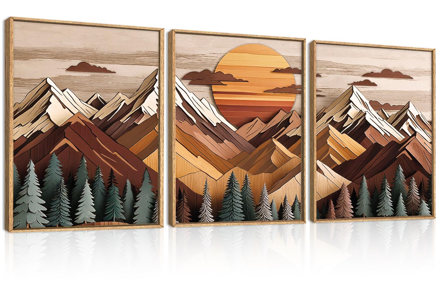 KAIRNE Woodcut Style Mountain Framed Canvas Wall Art Set,Wooden Pine Tree Wall Decor,Vintage Forest Landscape Art Prints,Nature Sunrise Artwork for Living Room,Bedroom,Farmhouse,Office-16 x24 x3
