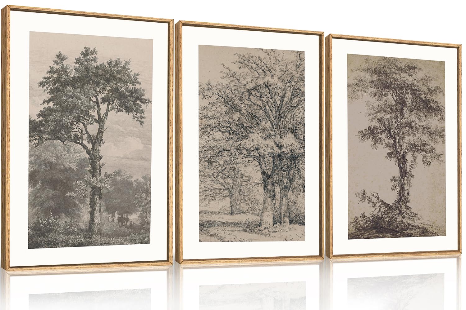 KAIRNE Woodcut Style Mountain Framed Canvas Wall Art Set,Wooden Pine Tree Wall Decor,Vintage Forest Landscape Art Prints,Nature Sunrise Artwork for Living Room,Bedroom,Farmhouse,Office-16 x24 x3
