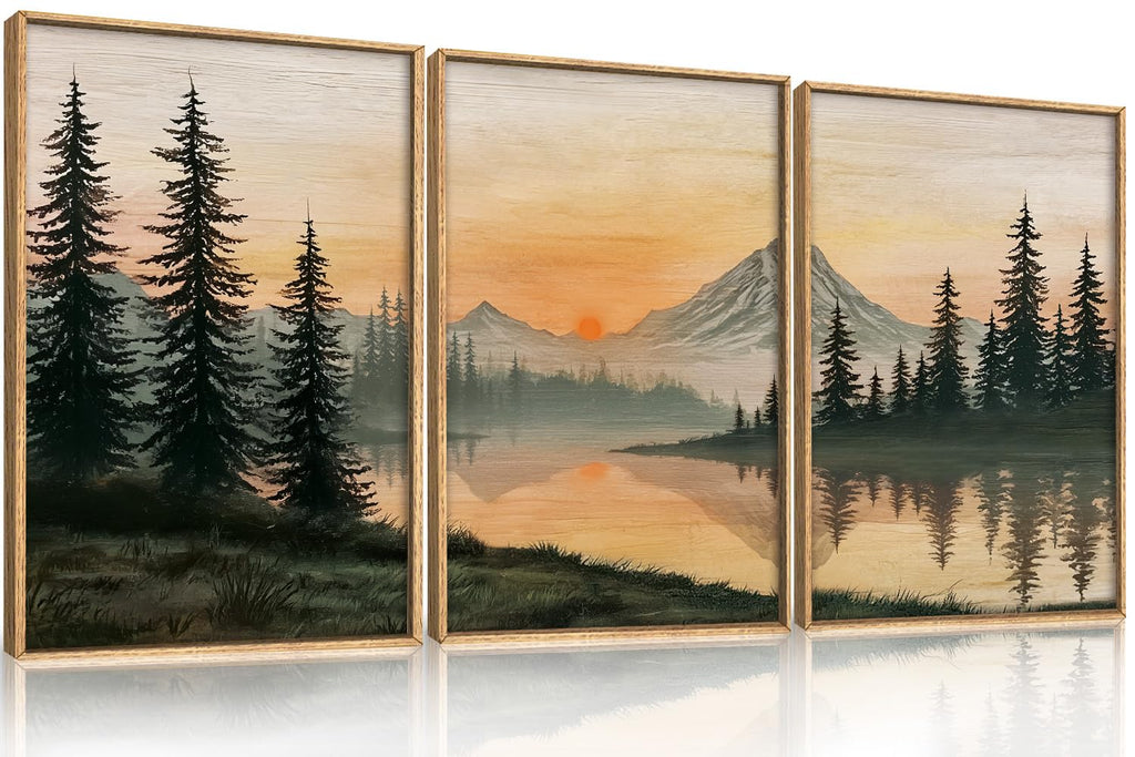 LHIUEM Vintage Woodcut Mountain Framed Canvas Wall Art,Forest Pine Tree Boho Wall Decor,Wilderness Sunset Landscape Artwork for Living Room,Bedroom,Dining Room,Office -16"x24"x3
