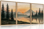 LHIUEM Vintage Woodcut Mountain Framed Canvas Wall Art,Forest Pine Tree Boho Wall Decor,Wilderness Sunset Landscape Artwork for Living Room,Bedroom,Dining Room,Office -16"x24"x3
