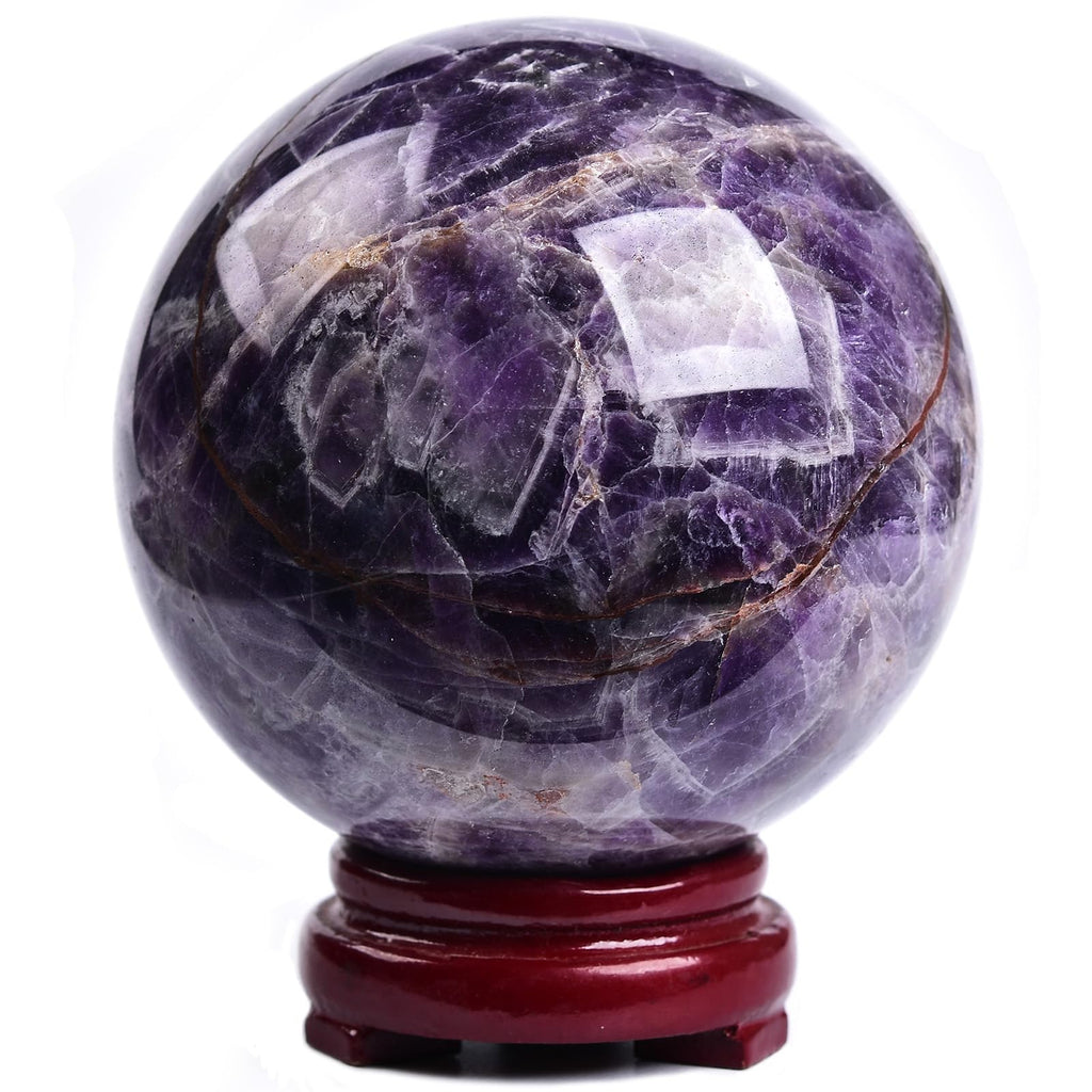 JIC Gem Volcanic Agate Crystal Sphere Large Quartz Crystal Ball with Stand Healing Ornament Witchcraft Meditation Decor 3.5-4 inch(90-100mm)