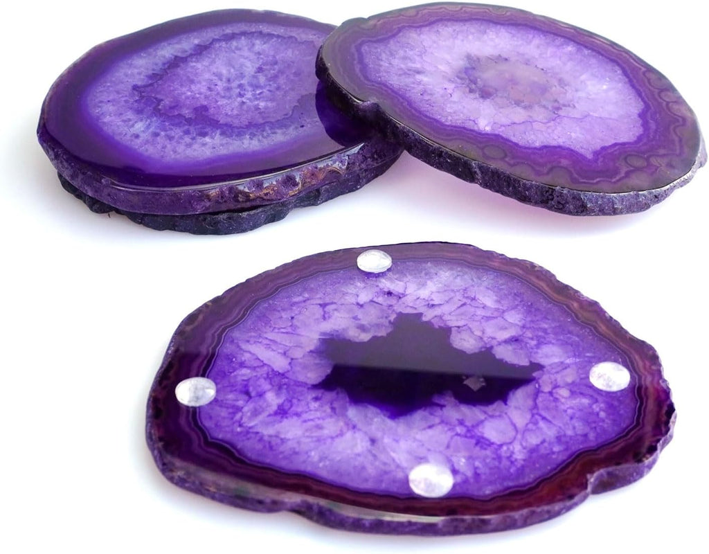 Natural Agate Slices Bulk Crystal Geode Coasters Set of 4 - Unique 4-5 Inch Cute Stone Drink Coasters with Rubber Bumpers - Natural Slices Geode for Home Decor, Coffee Table, Bar Accessories