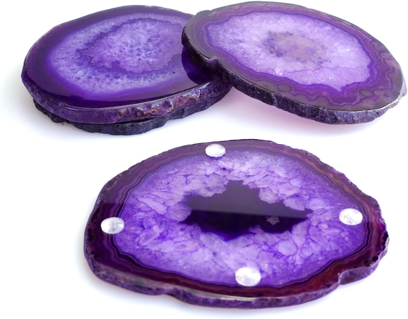 Natural Agate Slices Bulk Crystal Geode Coasters Set of 4 - Unique 4-5 Inch Cute Stone Drink Coasters with Rubber Bumpers - Natural Slices Geode for Home Decor, Coffee Table, Bar Accessories