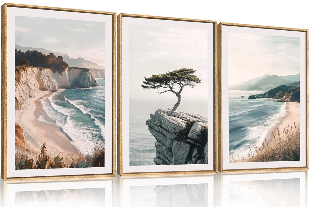 Set of 3 16"X24" Woodcut Mountain Pine Forest Sunrise Framed Canvas Wall Art Rustic Boho Wooden Print for Living Room Bedroom Office, Non-3D