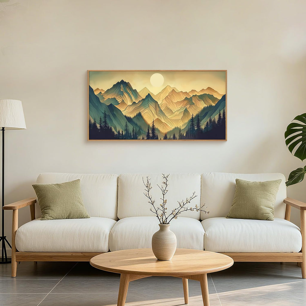Set of 3 16"X24" Woodcut Mountain Pine Forest Sunrise Framed Canvas Wall Art Rustic Boho Wooden Print for Living Room Bedroom Office, Non-3D