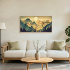 Set of 3 16"X24" Woodcut Mountain Pine Forest Sunrise Framed Canvas Wall Art Rustic Boho Wooden Print for Living Room Bedroom Office, Non-3D