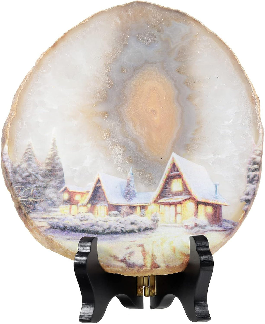 SUNYIK Natural Geode Agate Slice Display with Wooden Stand, Irregular Agate Slab Tabletop Desktop for Office Home Decor, Landscape-4