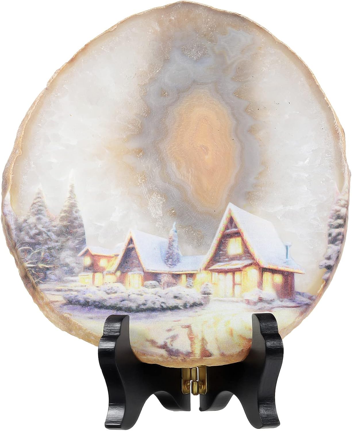SUNYIK Natural Geode Agate Slice Display with Wooden Stand, Irregular Agate Slab Tabletop Desktop for Office Home Decor, Landscape-4