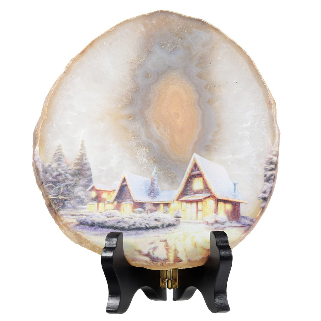 SUNYIK Natural Geode Agate Slice Display with Wooden Stand, Irregular Agate Slab Tabletop Desktop for Office Home Decor, Landscape-4
