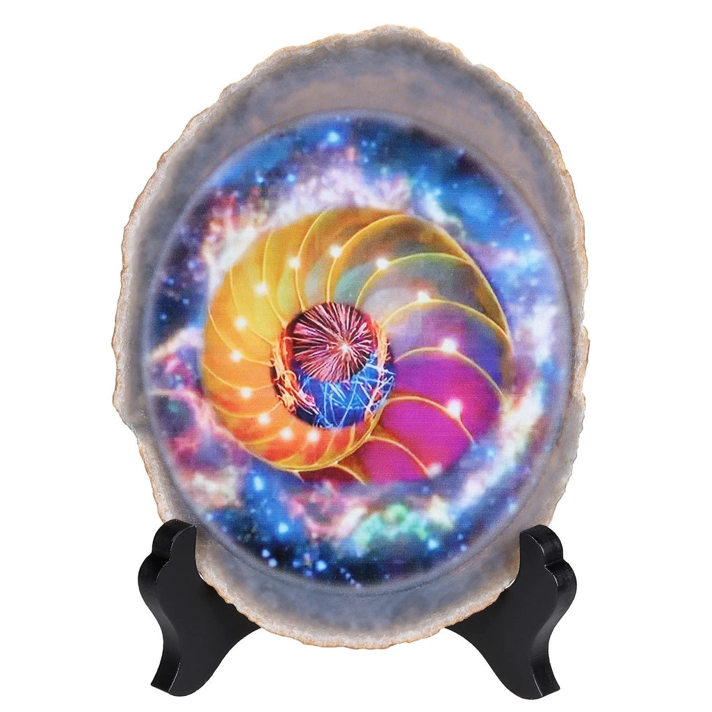 SUNYIK Natural Geode Agate Slice Display with Wooden Stand, Irregular Agate Slab Tabletop Desktop for Office Home Decor, Landscape-4
